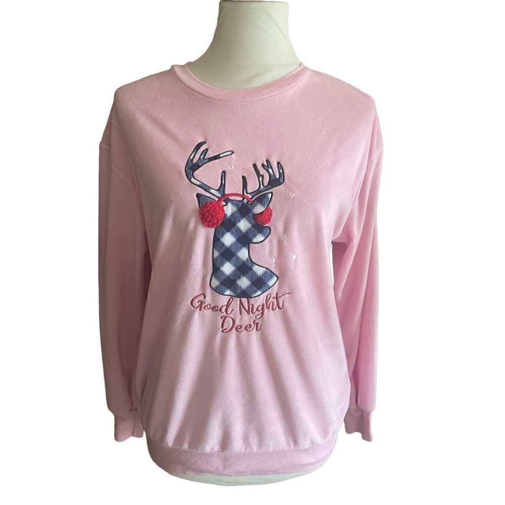 EUC! Fuzzy “Good Night Deer” Pink Pajama Top M